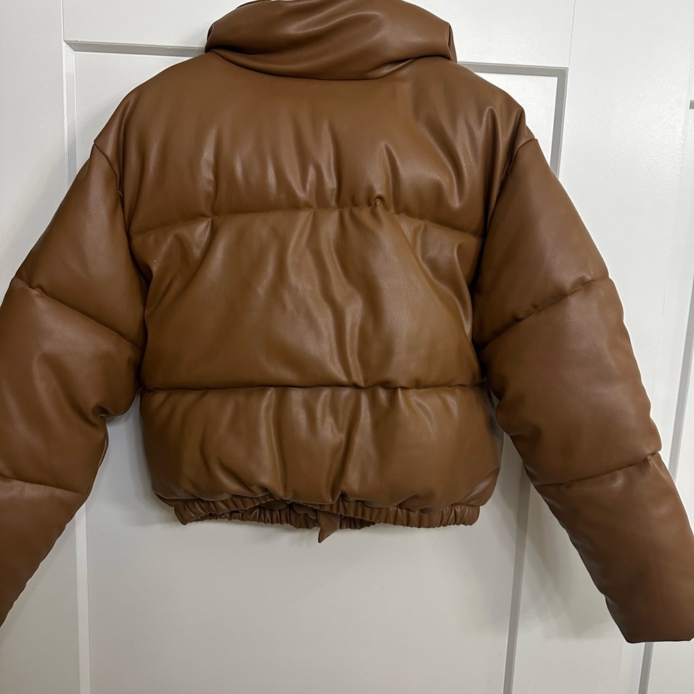 Aqua Faux Leather Jacket in Warm Brown - Picture 3 of 5